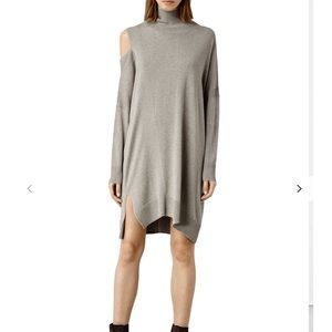 Allsaints tan one shoulder cut out knot sweater dress size small